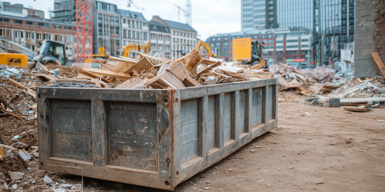 Container gefüllt mit Bauabfällen auf einer Baustelle